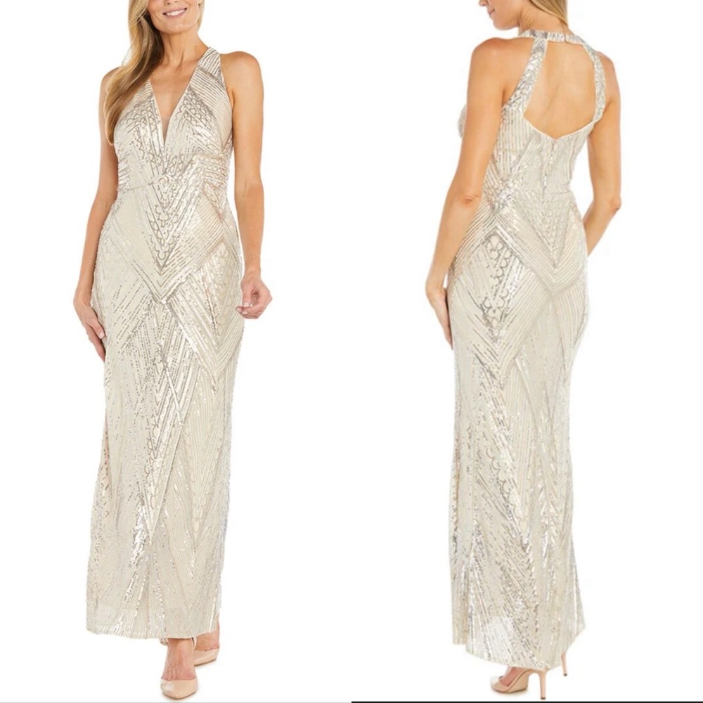 R&M Richards Champagne Sequin Halter V-Neck Evening Gown